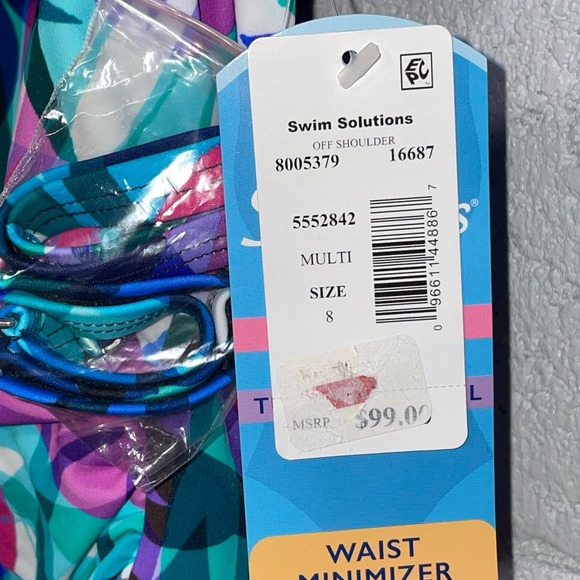 Swim Solutions Off the Shoulder Tummy Control 1piece Swimsuit Blue 8 - Picture 8 of 10